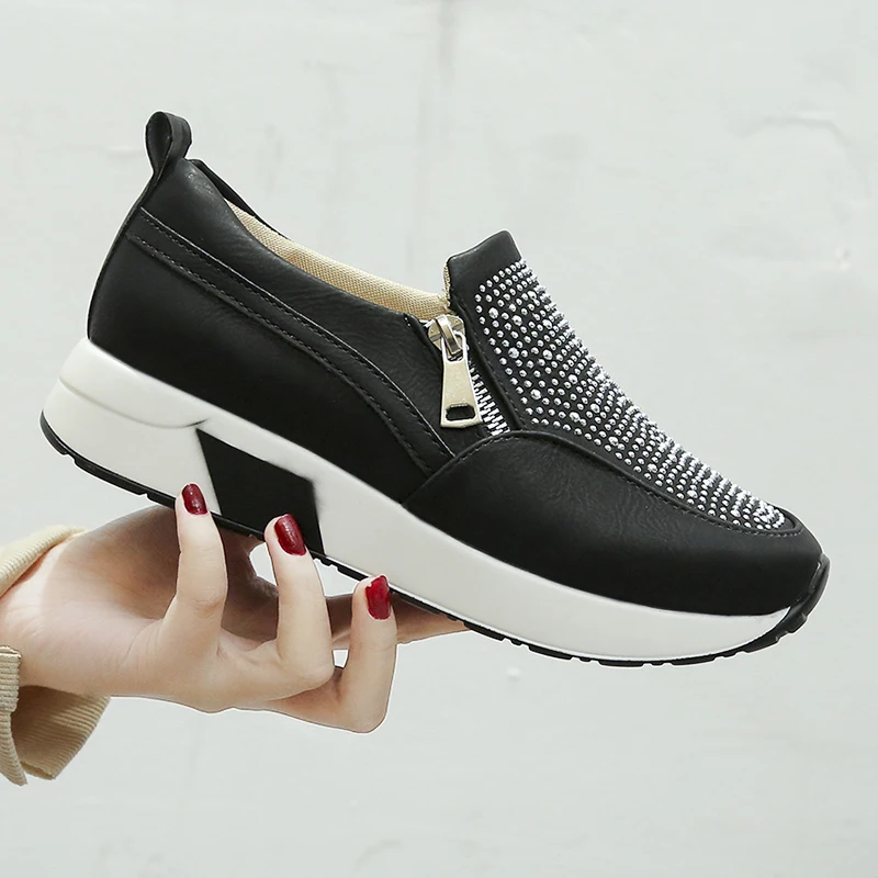 

Women Crystal Sneakers Spring Autumn Casual Zipper Flat Shoes women Non-slip Breathable Outdoor Vulcanized Shoes woman