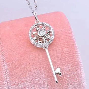 

18K White Gold Real Diamond Women Pendant Necklaces Key Round Wedding Party Engagement Anniversary Necklaces Birthday Present