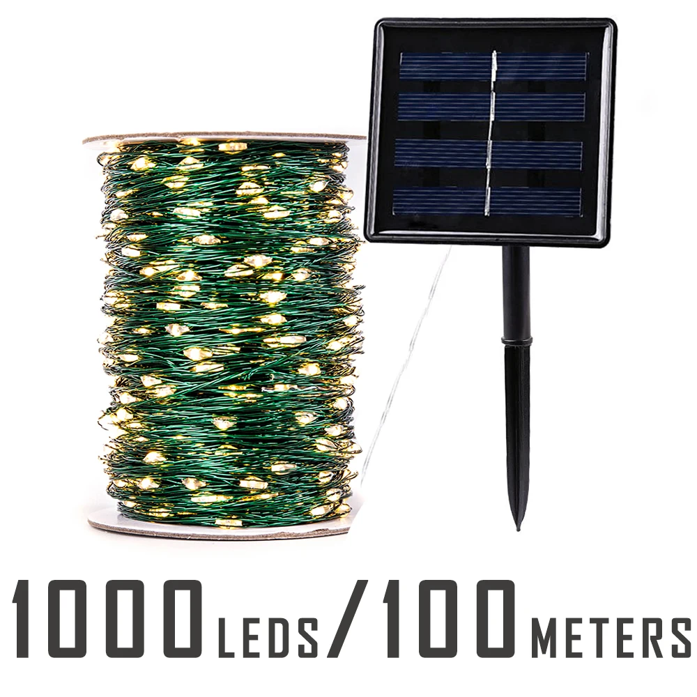 Guirlande solaire à 1000LED, 100M, 10M, 20M, 30M, 50M, étanche, usage