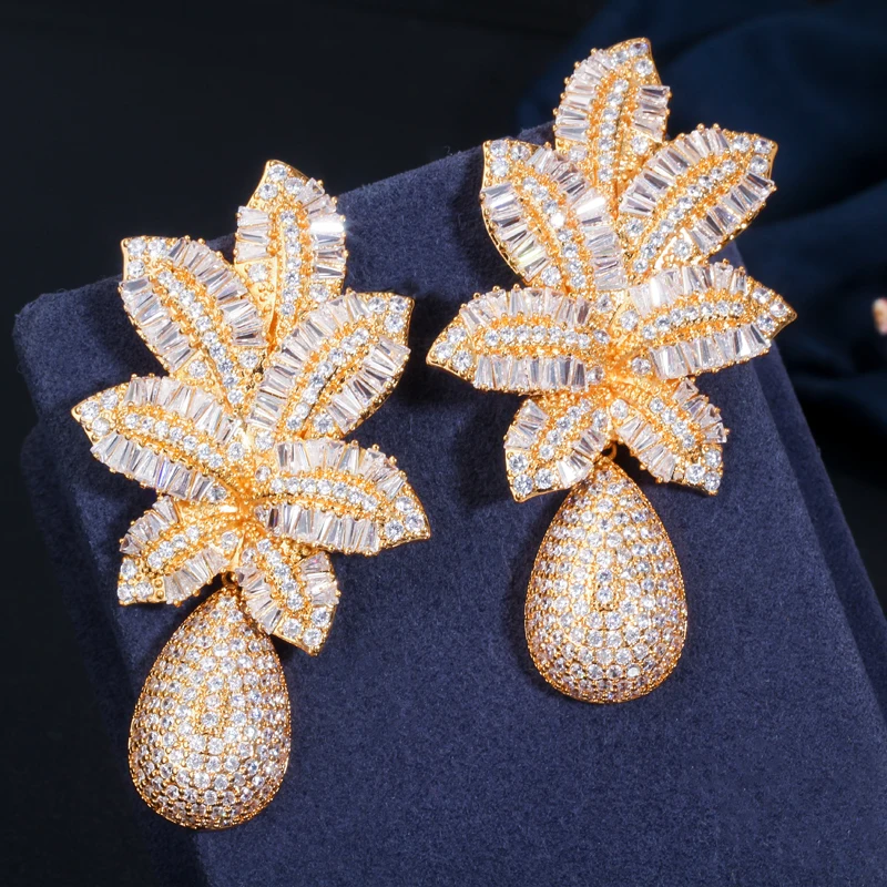 Drop Earrings Dangle Earrings Flower Earrings Golden Earrings CWWZircons 3 Tone Gold Color Luxury Large Leaf Drop Flower Micro Cubic Zirconia Pave Naija Wedding Party Earring for Women CZ644