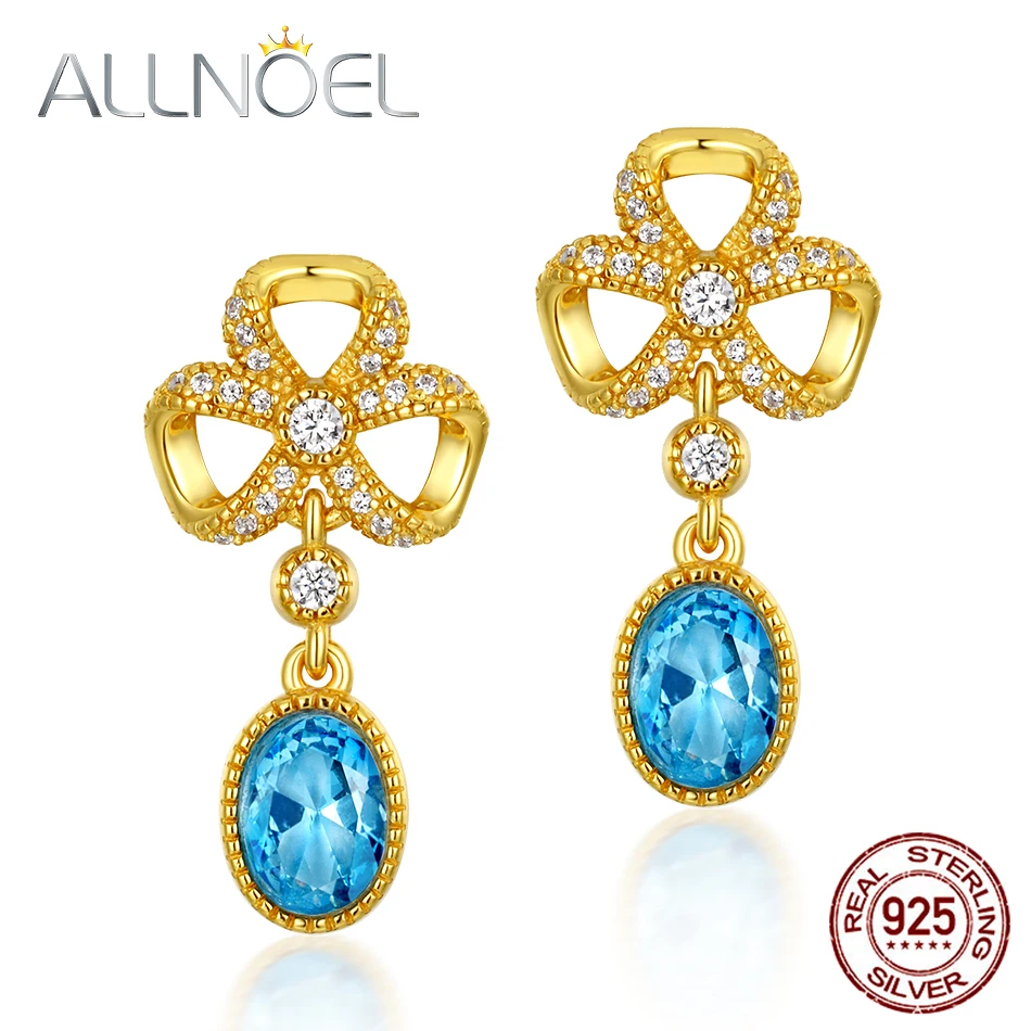 

ALLNOEL 925 Sterling Silver Earrings For Women 5A White Zirconium Blue Nano Gemstone Diamond Earrings Engagement Wedding Jewelry