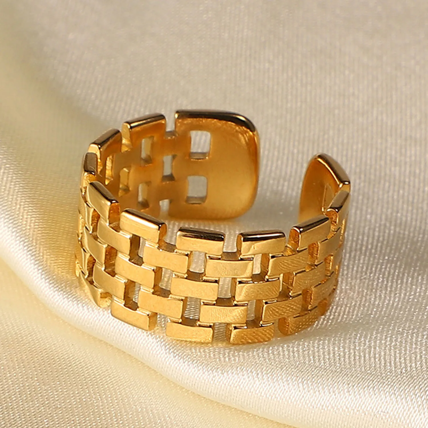 Multi-layer Geometric Brick-shaped Hollow Open Ring Gold Color Wide Punk Style Fashion Adjustable Ring Women Jewelry 3