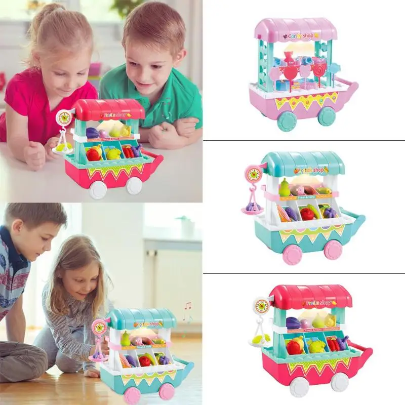 19pcs/set Kids Plastic Fruit Candy Vegetables Food Cart Toys for Children Pretend Play Cart Toys Set Kid Christmas Birthday Gift