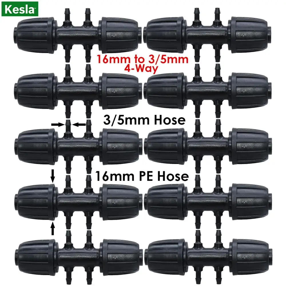 

KESLA 10PCS 16mm to 3/5mm Tubing Connector Garden Irrigation Water Adapter 6-Way PE Pipe to 1/8 Inch Micro Hose Coupling Joint