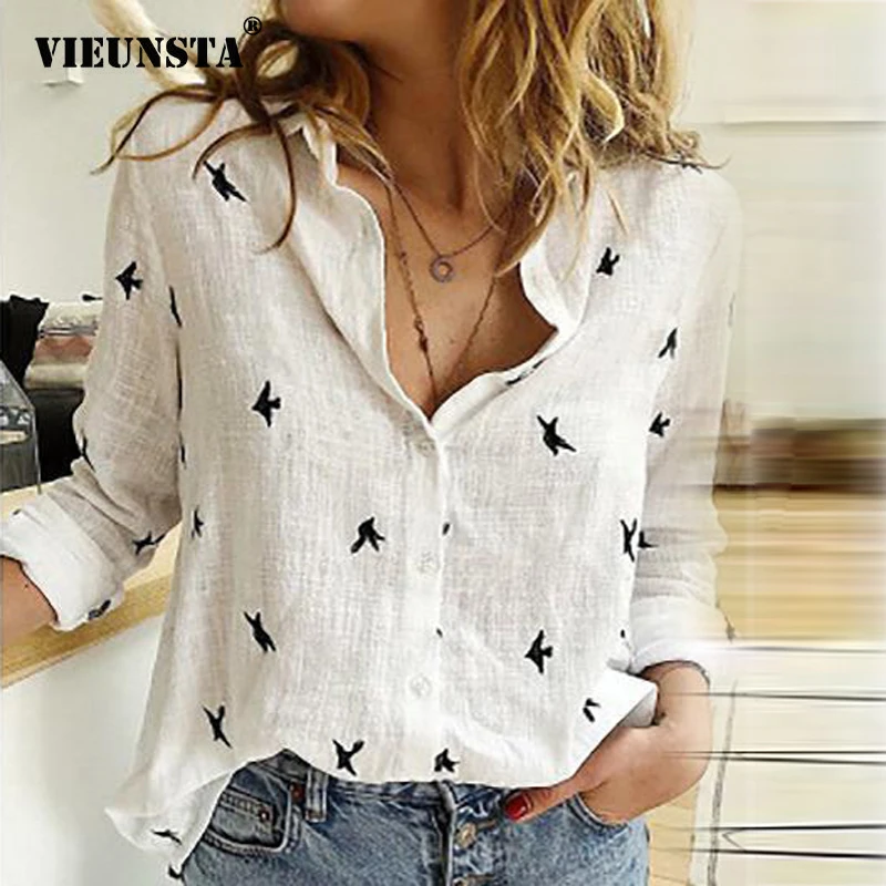Najtaniej VIEUNSTA 2XL jesień kwiatowy Print kobiety bluzka 2019 Sexy skręcić w dół kołnierz koszula z guzikami moda typu streetwear z długim rękawem topy Blusas
