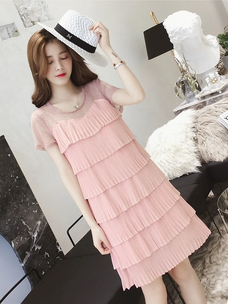 

2019 Mid-length Lace Joint Immortal Short Sleeve Chiffon Dress Women's Normcore Style Cake Dress Black And White with Pattern Sk