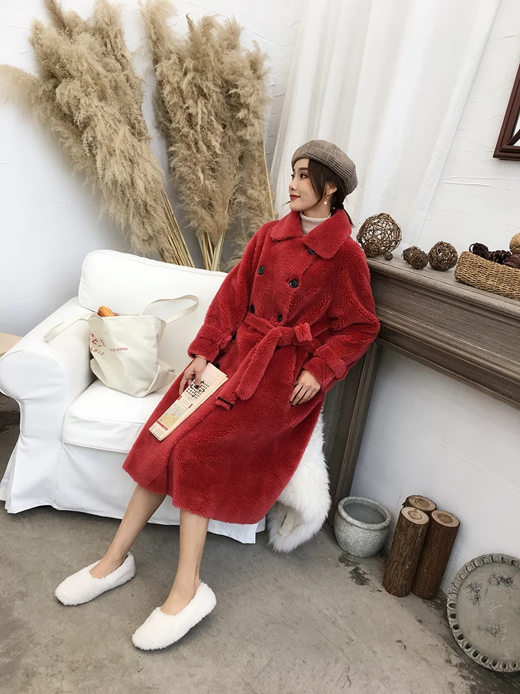 Новое пальто из натурального овечьего меха, женская куртка из натурального овечьего меха с поясом, шерстяное пальто, длина 110 см, больше размера, теплое, большое, F1156
