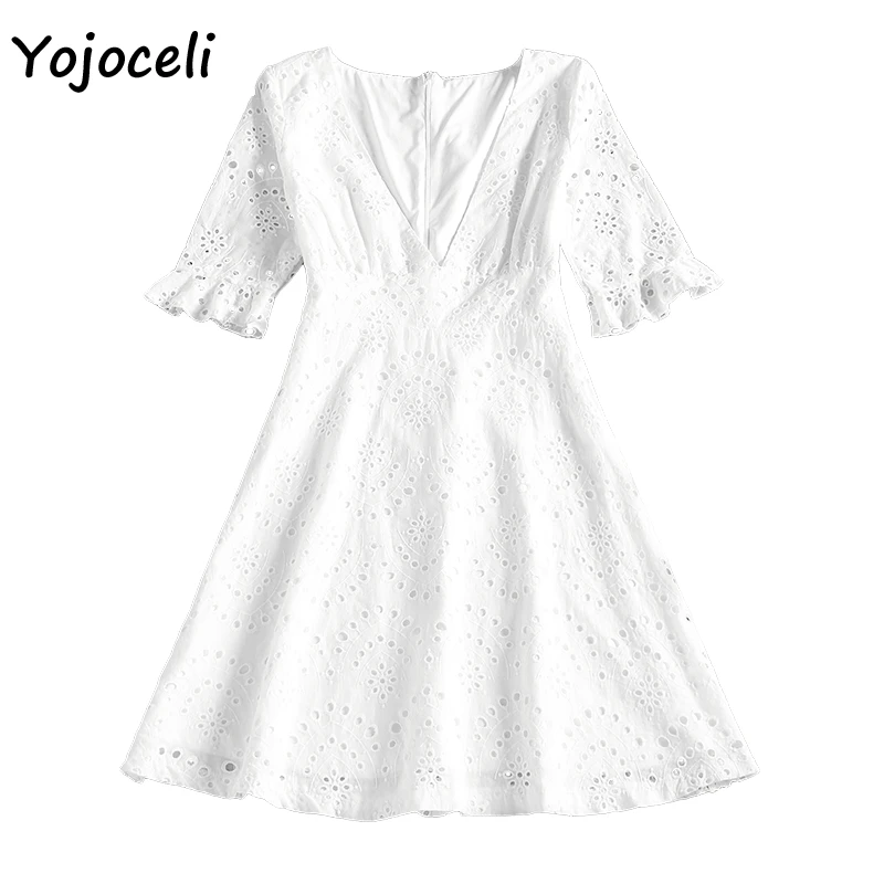 Yojoceli, новинка, весна-лето, хлопковое платье с вышивкой, женское, v-образный вырез, с вырезом, хлопковое платье, приталенное платье - Цвет: Белый