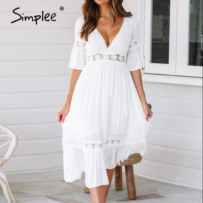 Simplee сексуальное женское белое кружевное платье с v образным вырезом Элегантное