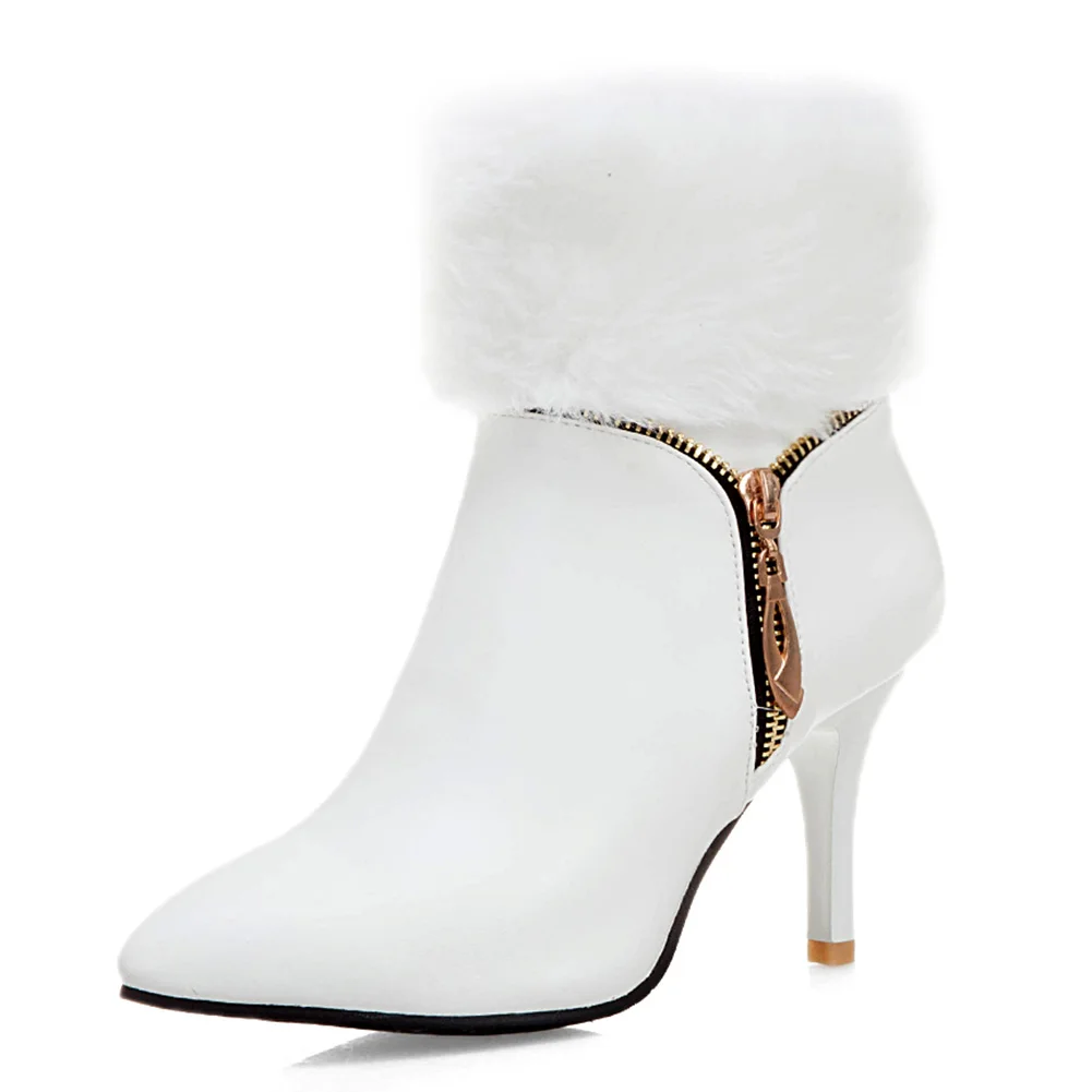 Karinluna/ г. Большие размеры 32-48, элегантная зимняя женская обувь на тонком высоком каблуке с мехом ботильоны с острым носком женские ботинки - Цвет: Белый