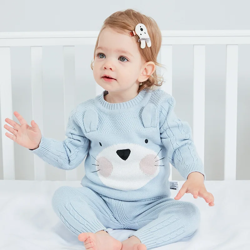 Kopen 2 stuks Baby Boy Set Wol Gebreide Katoenen Trui Meisjes Jongens Sets Baby Warme Trui Broek Pak Pasgeborenen Peuter Kleding sets