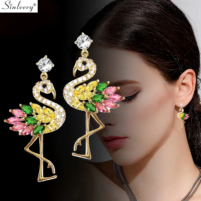 

SINLEERY Gorgeous Flamingo Drop Earrings Yellow Gold Silver Color Colorful Zirconia Crystal Earrings For Women Jewelry ES538 SSD