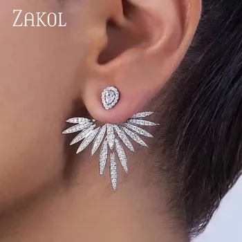

ZAKOL 2020 Elegant Feather Shape White Gold Earrings Good Quality Zircon Jewelry Party Stud Earrings for Women FSEP2539