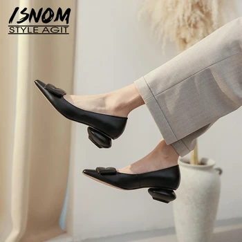 

ISNOM Spring Casual Thick Low Heels Women Pumps Pointed Toe Footwear Fashion Shallow Strange Block Heel Party Shoes