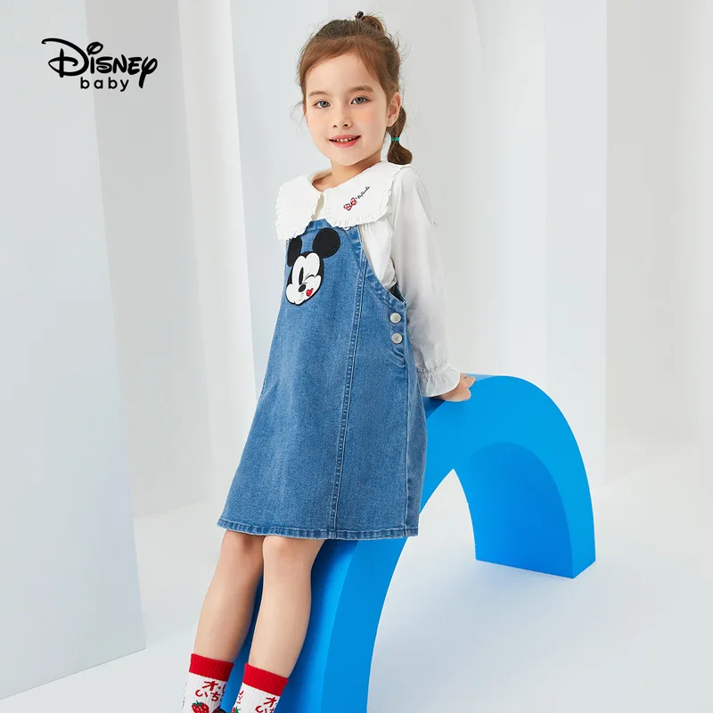 

Original Disney Girl's Shoulder Dress Spring And Autumn New Fashion Foreign Style Denim Skirt Cartoon Mickey Skirt DB031RE07