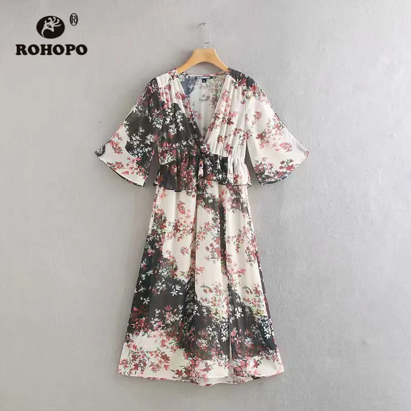 

ROHOPO Women Double Layer Vintage Floral Midi Dress Peplum High Waist Ladies Mid Calf Retro Vestido #8974