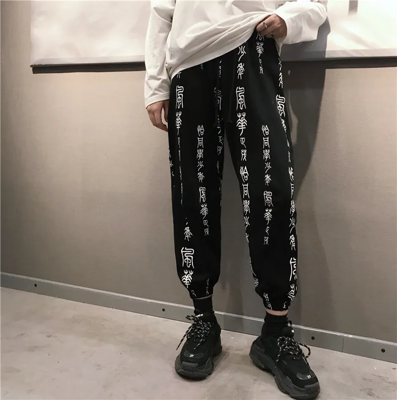 

Harajuku Pants Women Elastic Waist Fashion Chinese Characters Printed Loose Calf-Length Pant