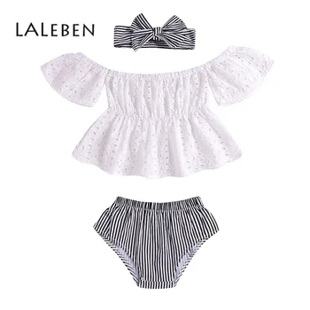 

Drop Shoping 2019 Summer New Children's Wear Trumpet Sleeve Shirt Stripes Triangle Shorts Headscarf Sets Baby Girl Lace Suit