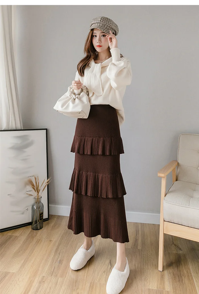 Модная осенне-зимняя длинная трикотажная юбка женская элегантная многослойная юбка с эластичной резинкой на талии с оборками Женская теплая одежда faldas mujer