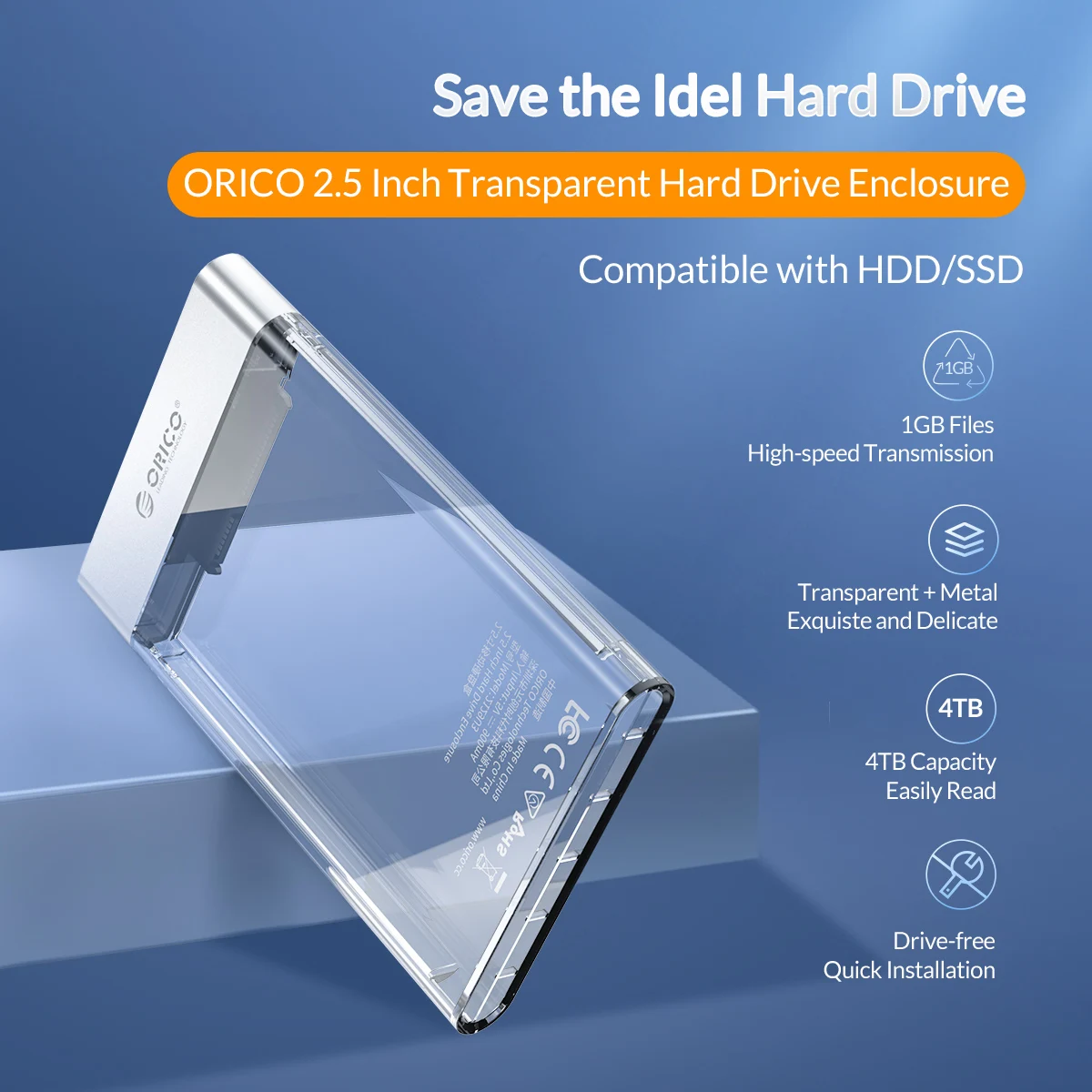 ORICO Transparent HDD Case SATA to USB 3.0 6Gbps 4TB Hard Disk Case Add Metal Support UASP HDD Enclosure Compatible with HDD SSD usb drive enclosure