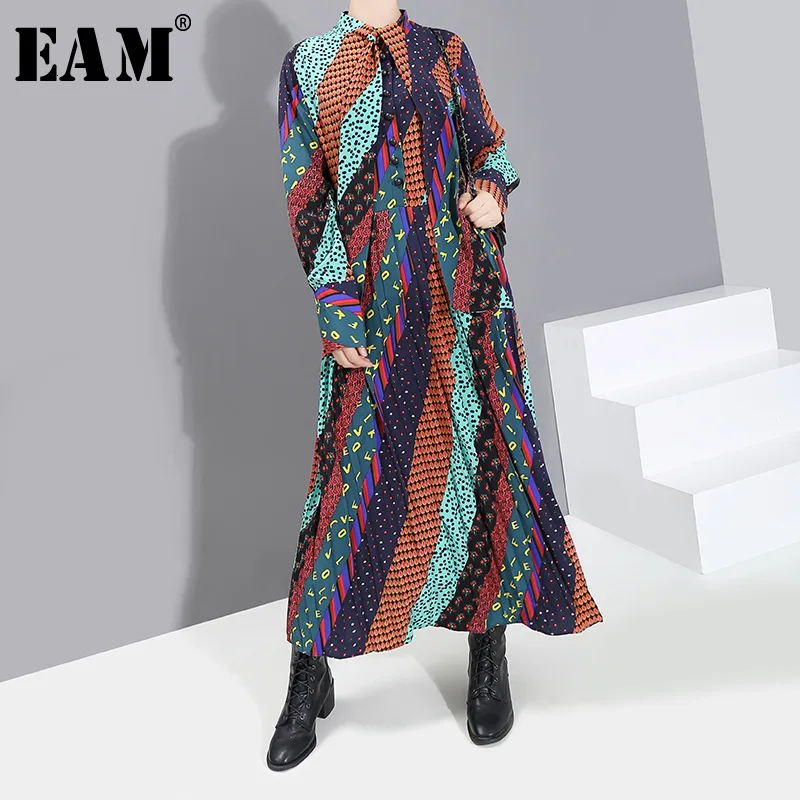 

[EAM] Women Dot Printted Temperament Long Dress New Stand Collar Long Sleeve Loose Fit Fashion Tide Spring Autumn 2020 19A-a853