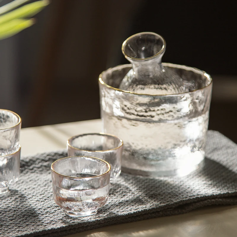 Japanese Sake Set Hammer Pattern Glass Gold Rimmed Cup Wine Warmer Korean Soju Cup Tequila Pot Whisky Domestic Wine Set