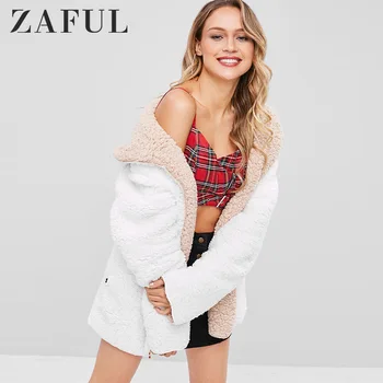 

ZAFUL Hooded Open Front Lamb Wool Teddy Coat Lazy Terry Fleece Double Side 2019 Winter Coat Long Solid Textured Loose Women Coat