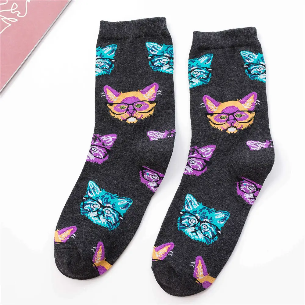 Cat Wearing Glasses Новинка; милые носки с рисунками животных; забавные носки с изображением Далматинских собак, леопарда, кота, бабочки, раковины, подводного мира; носки в стиле ретро; Рождественский подарок - Color: Cat Wearing Glasses