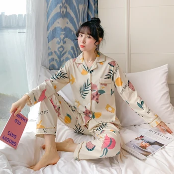 

Luxury Silk Pajama Sets For Women 2 Pcs Long Sleeve Cardigan Pyjamas Spring Summer Cool Pijama Female Casual Night Sleepwear
