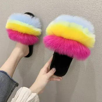 

Women Fur Slides Warm Fluffy Slippers Faux Fur Flip Flops Flat Home Slippers Furry Slides Woman Fuzzy Plush Casual Shoes Sandals