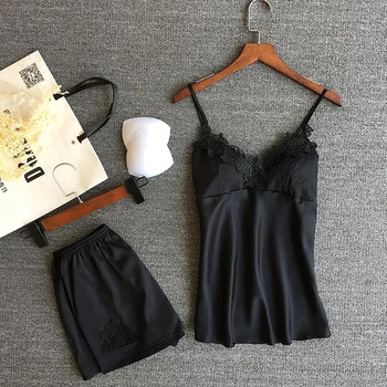 

Spaghetti Strap Solid Lace Sexy Women Pajamas V-Neck With Pad Female Summer Pajama Set Summer Fashion Female Sleepwear
