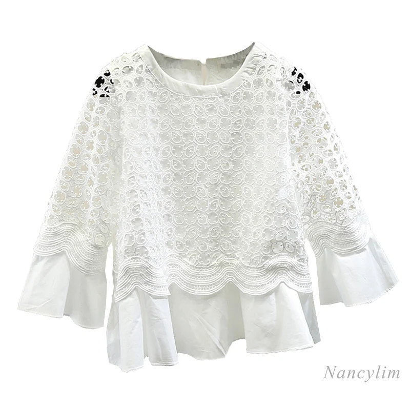 Fashion Woman Lace Blouse Round Neck Crocheted