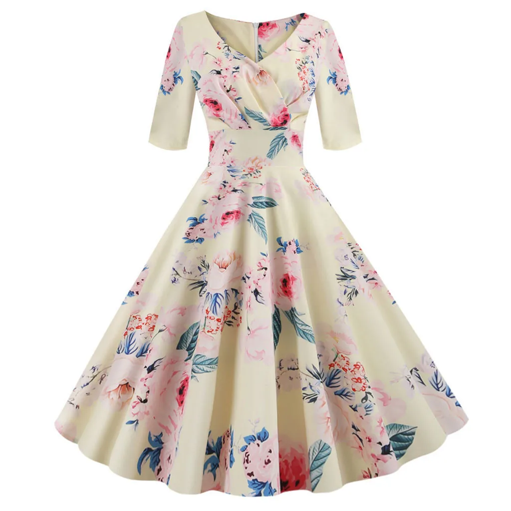 Для женщин Vestidos винтажное с рукавами до локтя Качели 50s домохозяйки вечерние