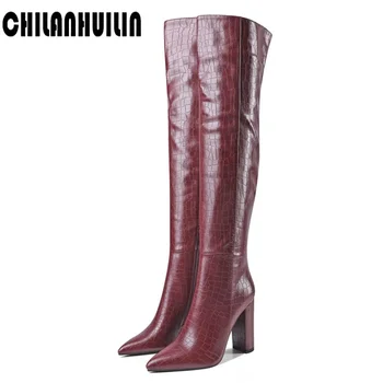 

classic autumn winter dress shoes women over the knee-high boots print leather pointed toe shoes high heels party shoes woman