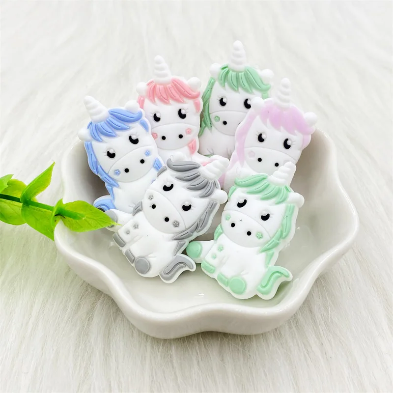 10pcs /lot Cartoons Animal Silicone Unicorn Baby Teether Beads  Pacifier Clip Chain Newborn Shower Gifts Accessories Teething 6