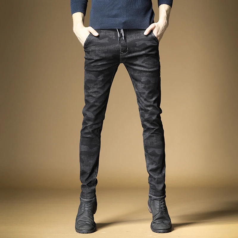 Men Stretch Black Jeans Fashion Camouflage Straight Pants Slim Fit Causal Streetwear Drawstring Denim Trousers