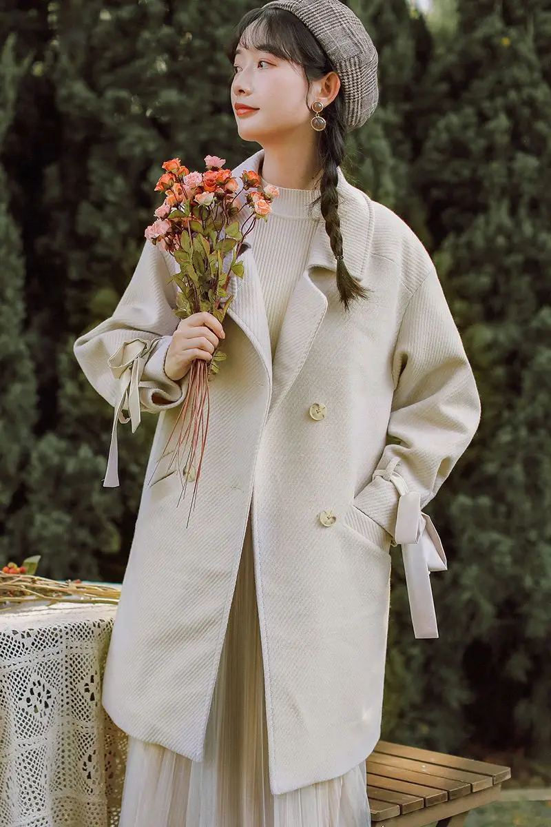 Для женщин пальто из шерсти и синтетического волокна пальто с бантом Верхняя одежда абрикос 8910