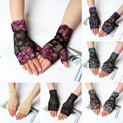 Women Sexy Summer Female Half Finger Sunscreen Short Lace Gloves Women Driving Rose Flower Pattern Fingerless Sun Gloves