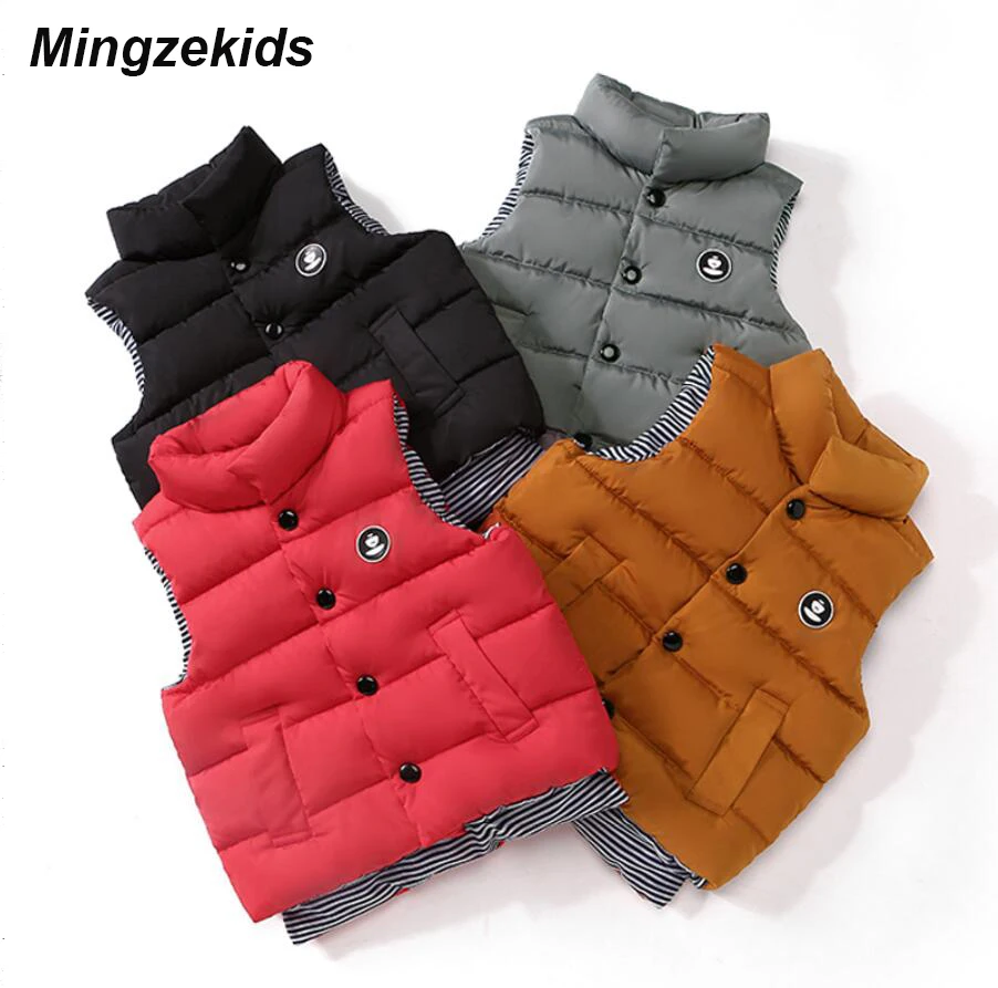 Mingzekids/жилет для маленьких мальчиков теплые зимние жилеты куртка с буквенным принтом для девочек; осенне-осенние детские плотные пальто с надписью детский жилет