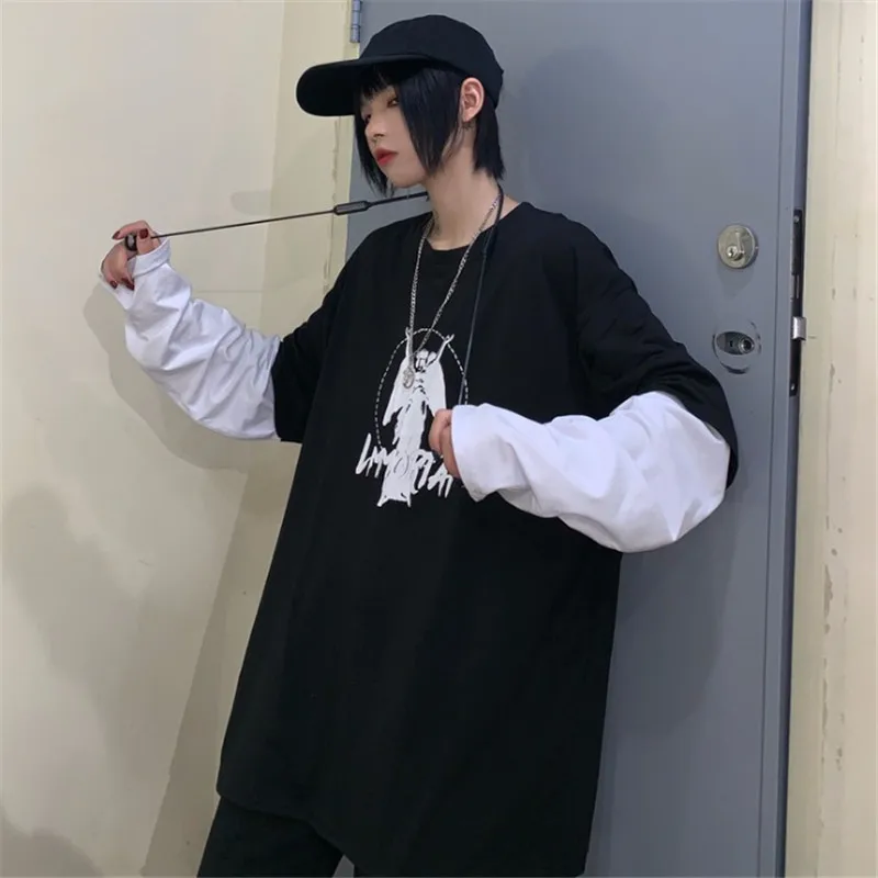 

Lychee Girls Streetwear Dark Witch Letter Print Women T Shirt Patchwork Autumn Lady T-shirts Fake 2 Pieces Women T-shirt