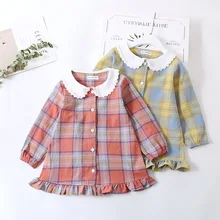 Рубашки для маленьких девочек; кружевная клетчатая одежда с длинными рукавами; весна г