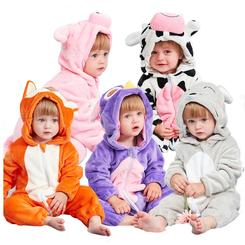 

Cute Baby Rompers Winter Warm overalls Cartoon Animals Hoodied Fox Mouse Milk Cow Fox Coral Fleece one piece Newborn baby