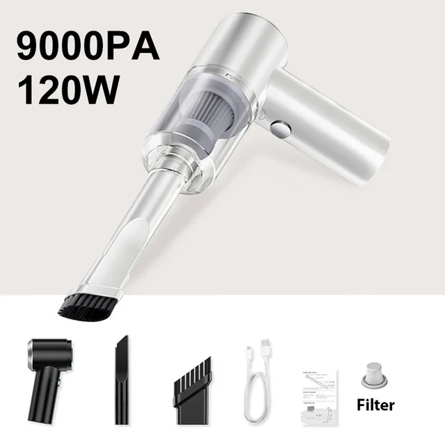 9000pa Car Vacuum Cleaner Mini Gun style Cleaner Cordless 120W Handheld Portable Vacuum Cleaner For Auto Interior Home appliance XCQ-103-white