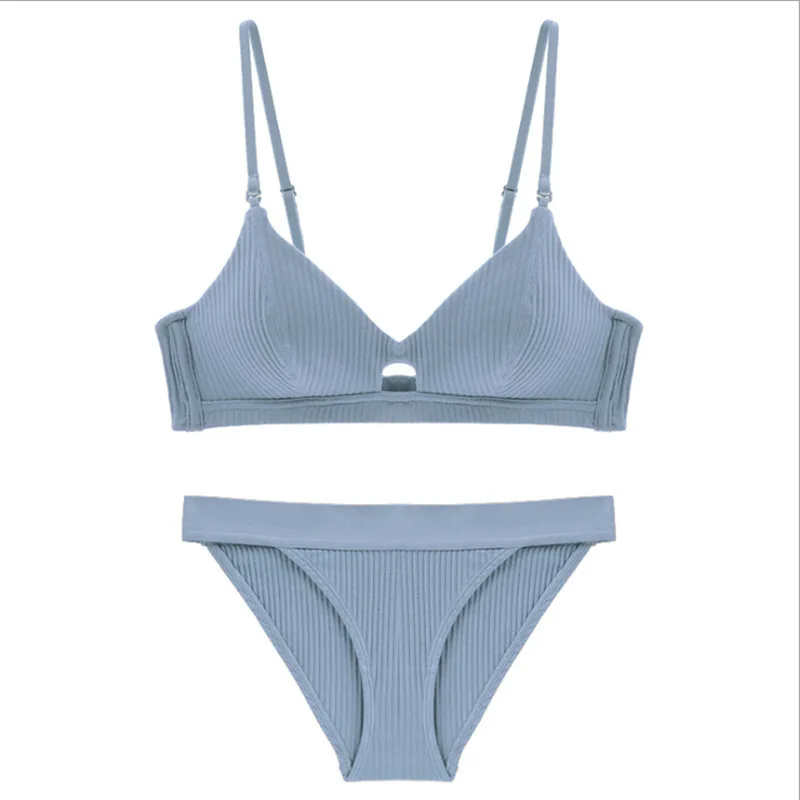 Gray-blue Sexy Underwear Cotton Set Screw Thread Thin Wireless Bra With Removable Straps Padded Girls Bra Thong Set Lingerie Women - Цвет: Gray-blue