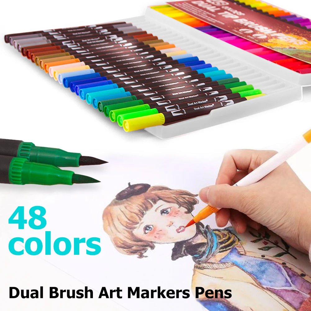 

48pcs Dual Brush Art Markers Pens Fine Brush Tip for Coloring Books Calligraphy Drawing Painting Art Supplies