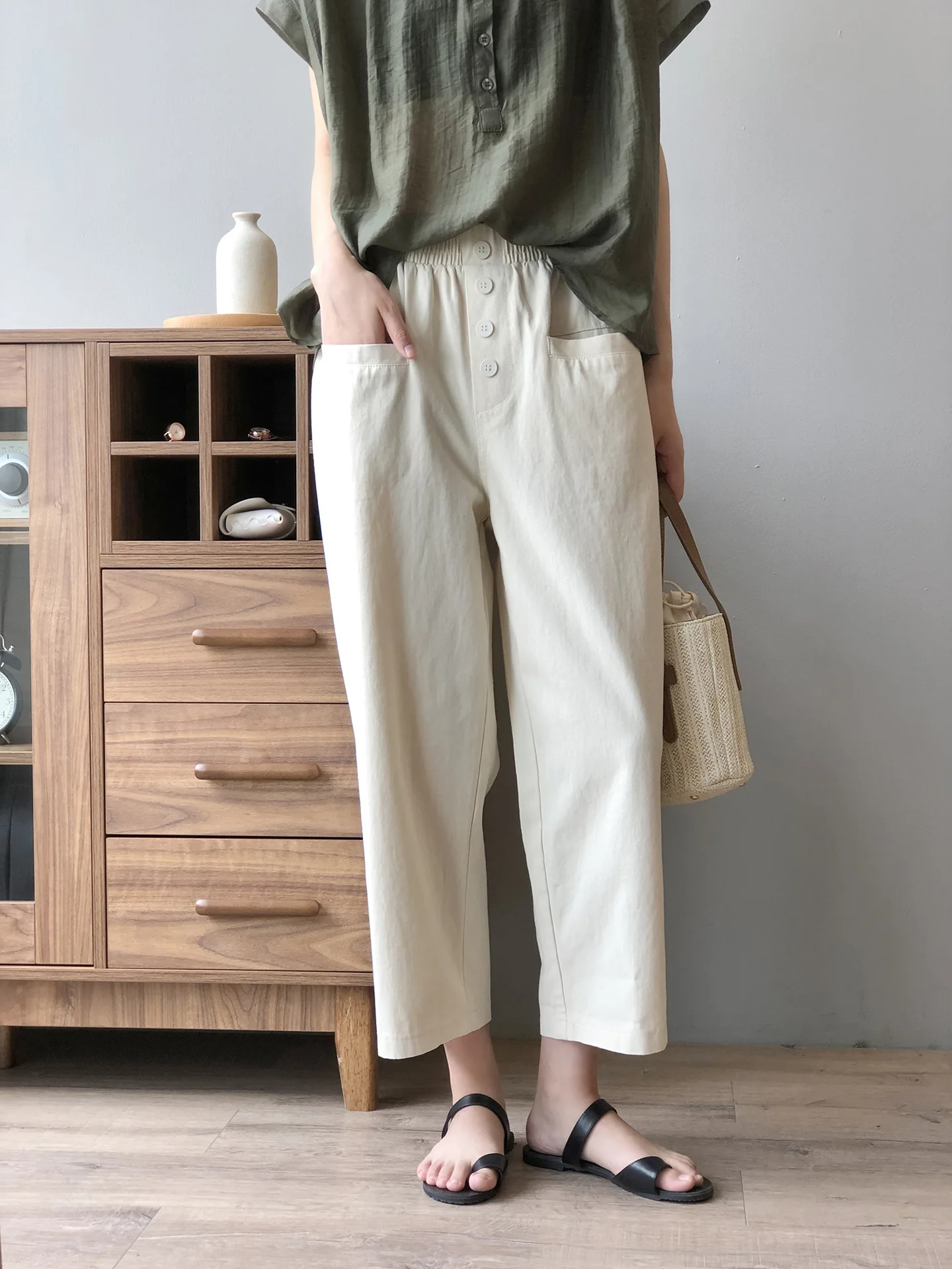 High Waist Wide Leg Pants Women 2020 Autumn New Korean Style Loose Solid Color Elastic Waist Casual Ankle-length Pants