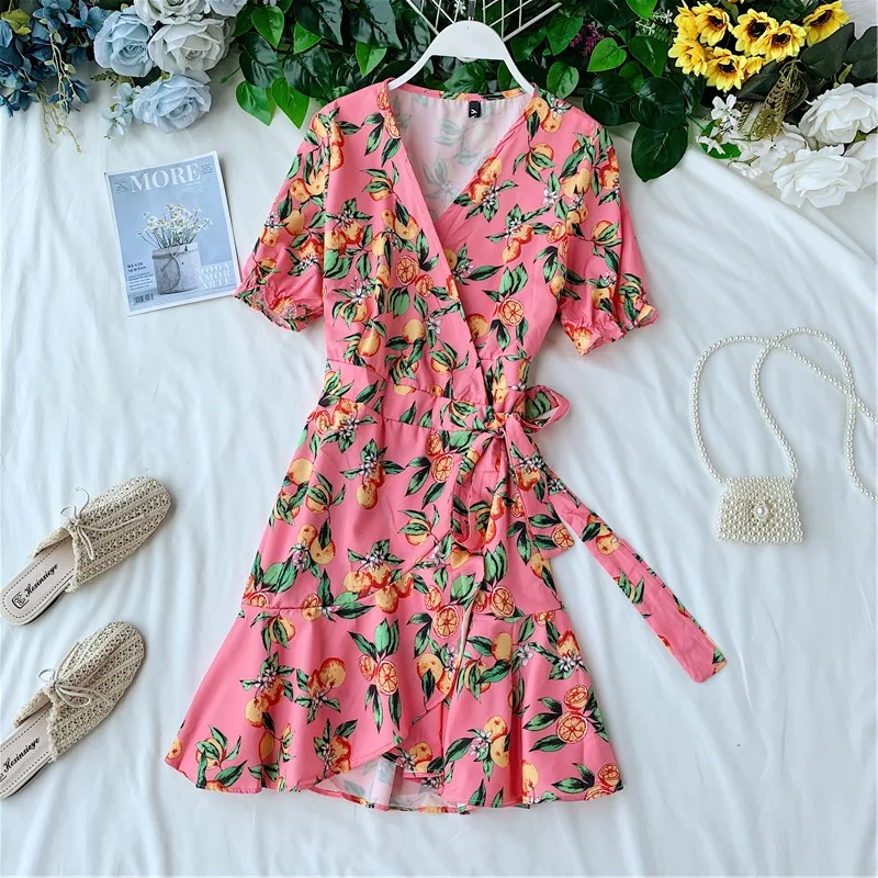 

Beach Short Sleeve Retro One-piece V-neck Print High Waist Ruffled Dress Women Sexy Vestidos De Fiesta J284