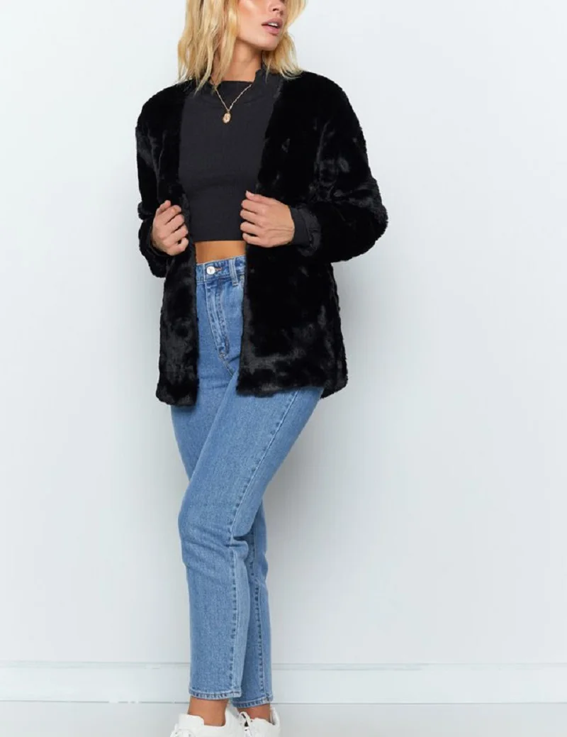 CALOFE Soft Fur V Nevk Winter Womens Coats Ladies Open Stitch Fluffy Faux Fur Jackets Slim Fit Overcoat Black Tops Plush Outwear