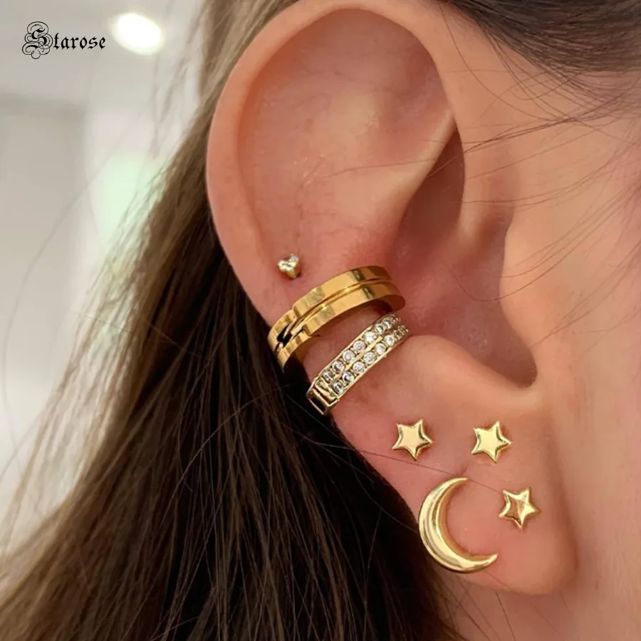 Starose 7pcs Crystal Star Ear Piercing Moon Helix Tragus Stud Earrings Set Fake Cuff Jewelry | Украшения и аксессуары