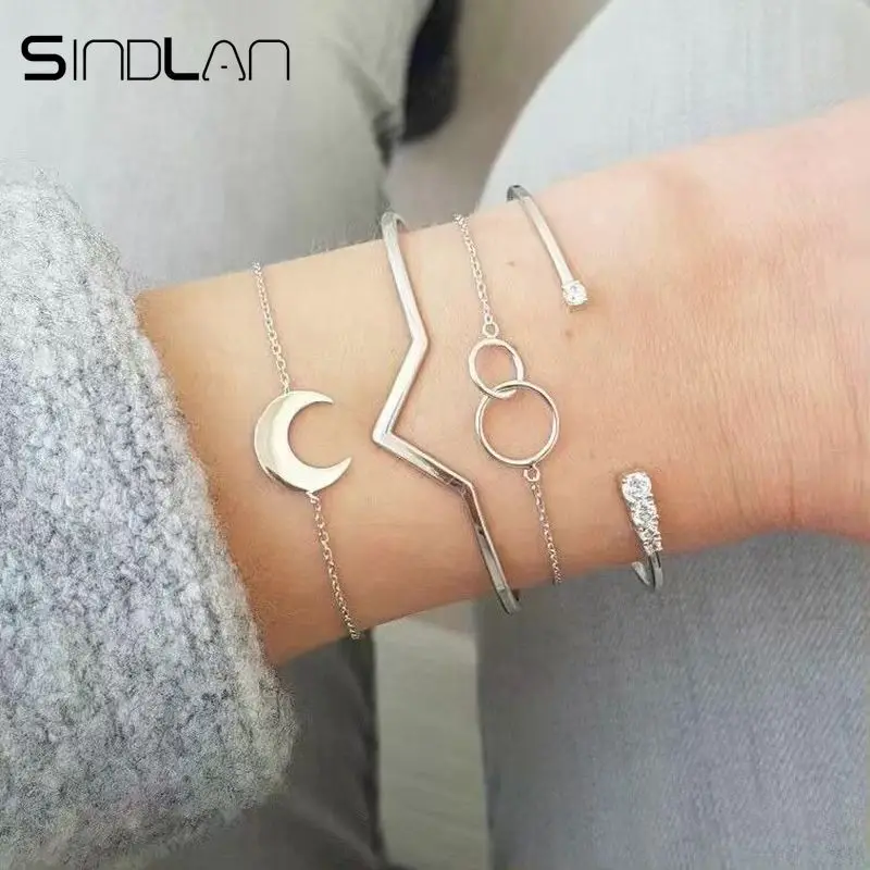 

Sindlan 4PCs Silver Moon Charm Bracelets for Women Boho Crystal Bangles Open Bracelets Set Female Fashion Wrist Chain Jewelry